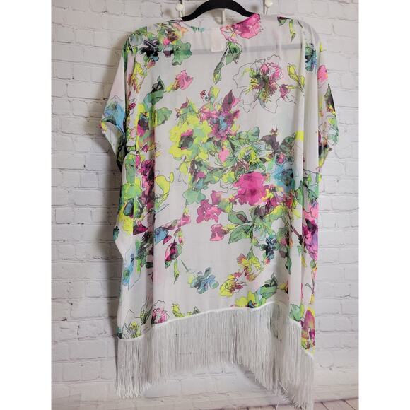 OP Ocean Pacific Swim Suit Cover Up Kimono Floral Sheer with Fringe Womens Small - Picture 2 of 4